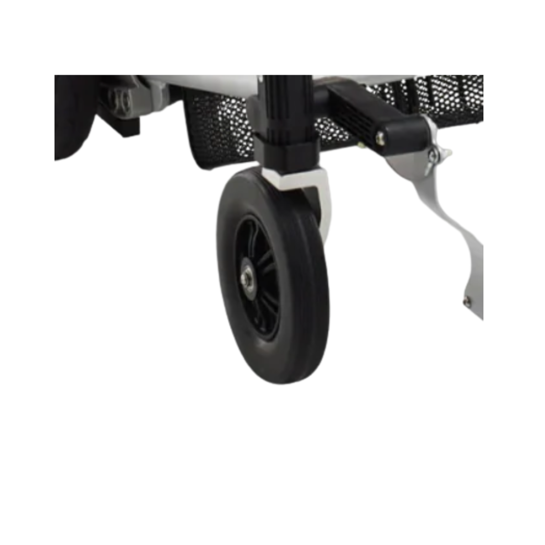 Close-up of a black front wheel on a metal frame with a mesh basket—ideal for displaying Journey Zoomer Powerchair Parts & Accessories or demonstrating use of the Zoomer wheel extractor.